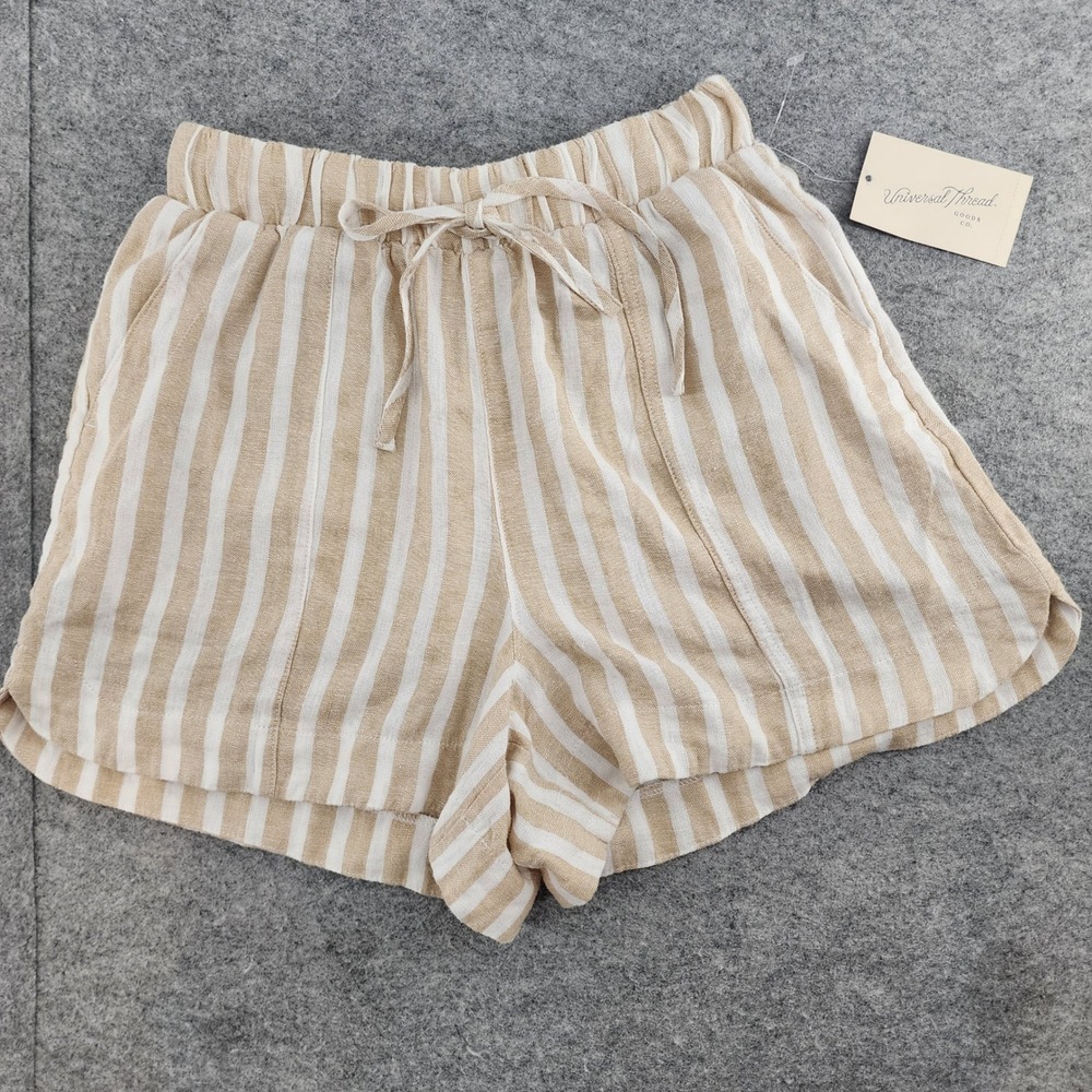 NWT Universal Thread Womens XS Tan White Striped Linen Blend Pull On Shorts